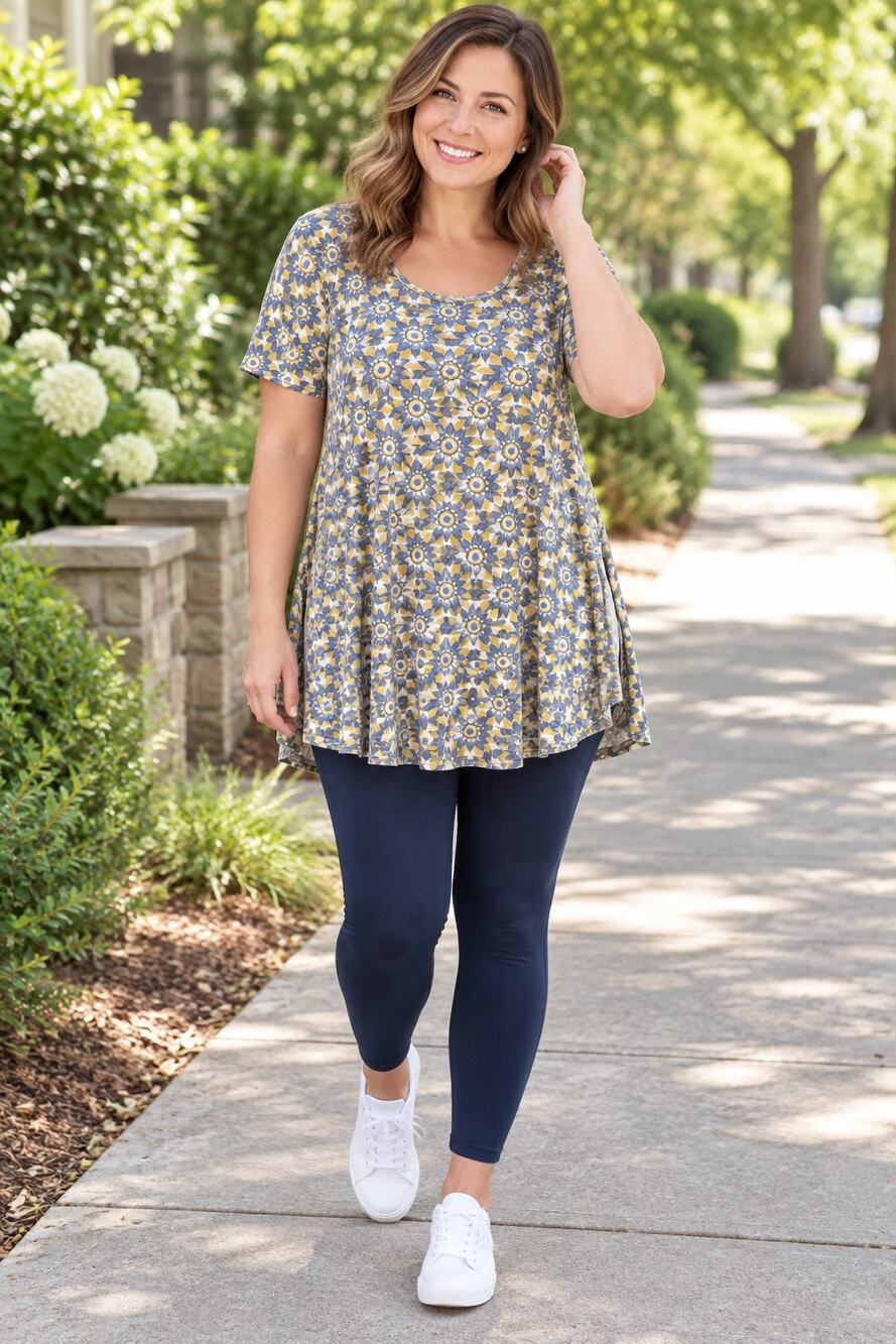 LuLaRoe Perfect T Medium NWT Blue Mustard Geometric Floral Swing Tunic